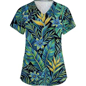 Womens Scrub Top, Hawaiian Print V Neck Short Sleeve Shirt | Lightweight, Breathable Fabric With A Relaxed Fit. Two Side Pock