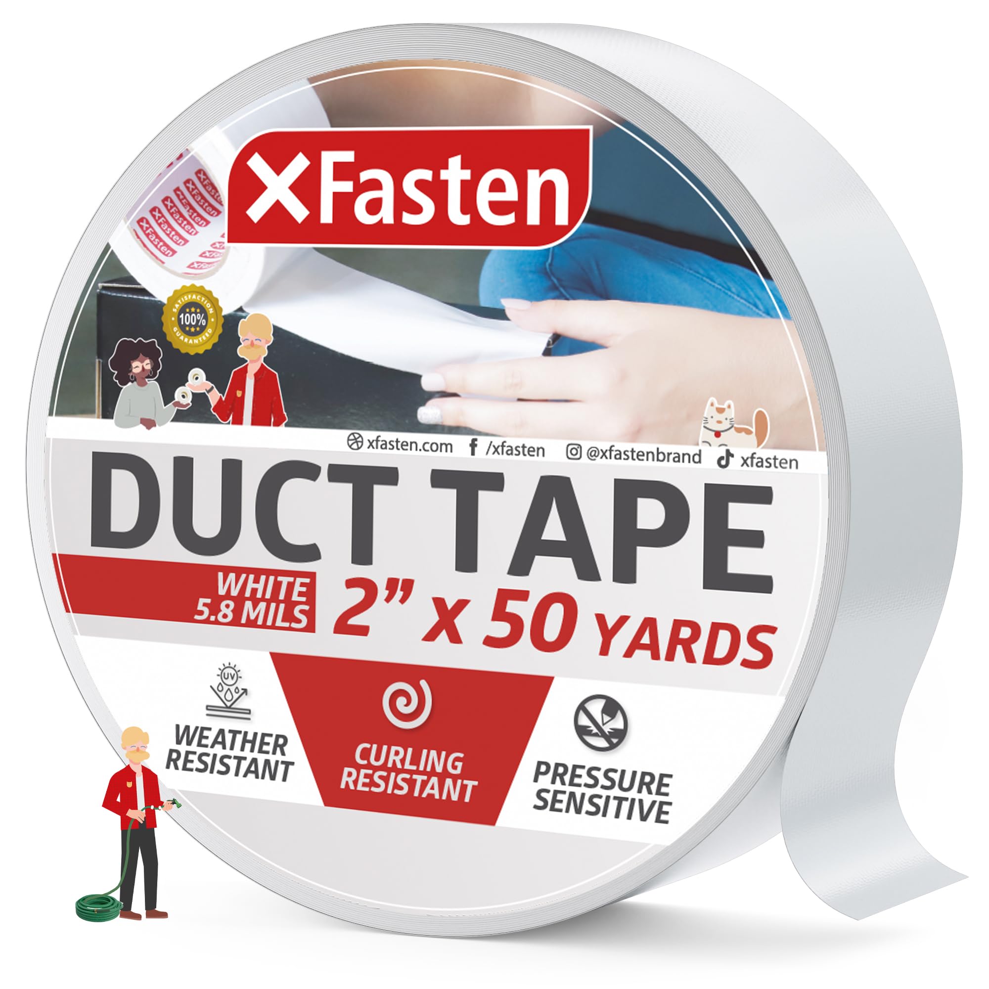 XFasten Duct Tape White, 2 Inches x 50 Yards (50.8mm x 45.72m), Yellowing Resistant and Conformable