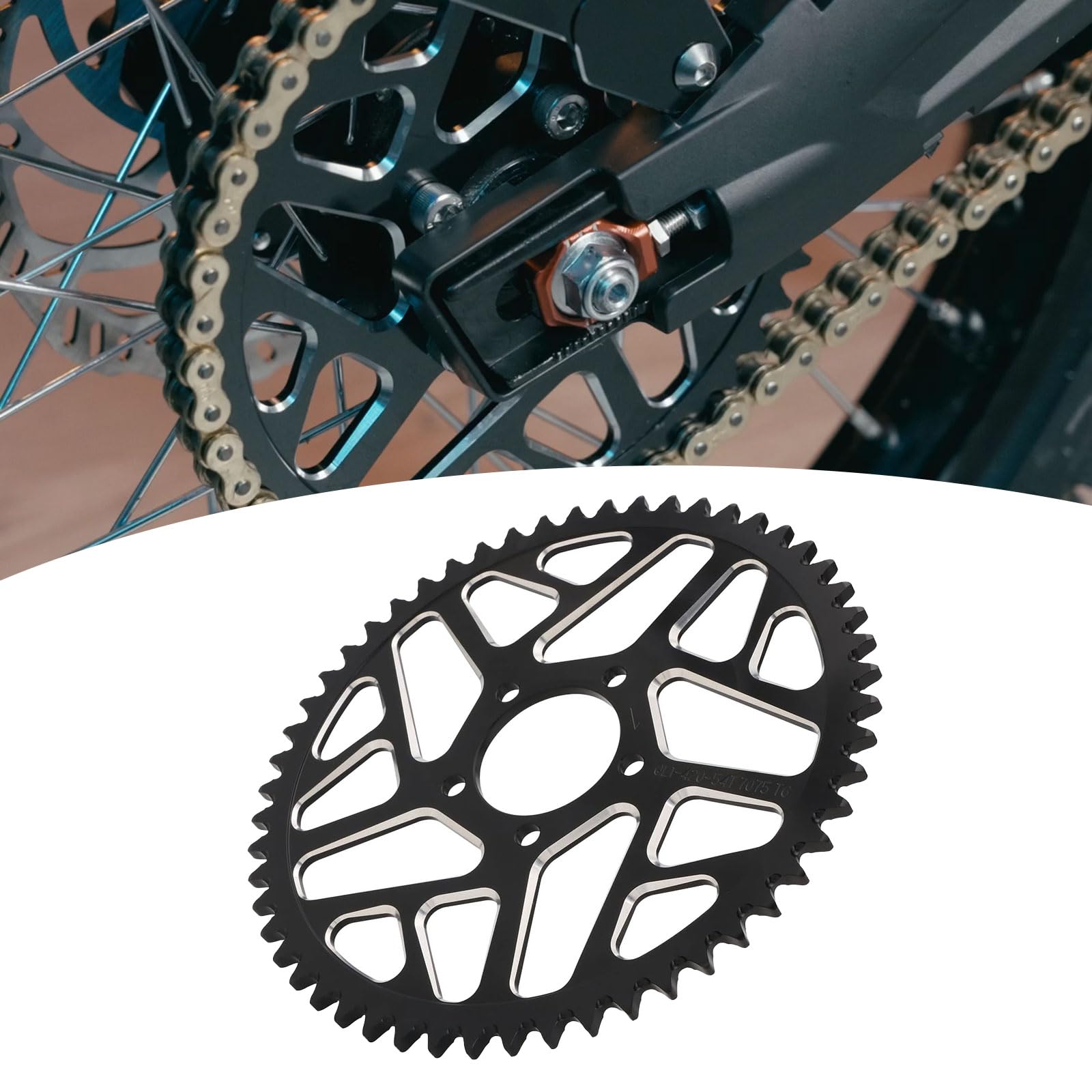 Photo 1 of 54T Motorcycle Rear Sprocket 420 Pitch 7075 Aviation Aluminum Alloy for Sur Ron Light Bee S/X, Segway X160/X260, Talaria Sting -Black