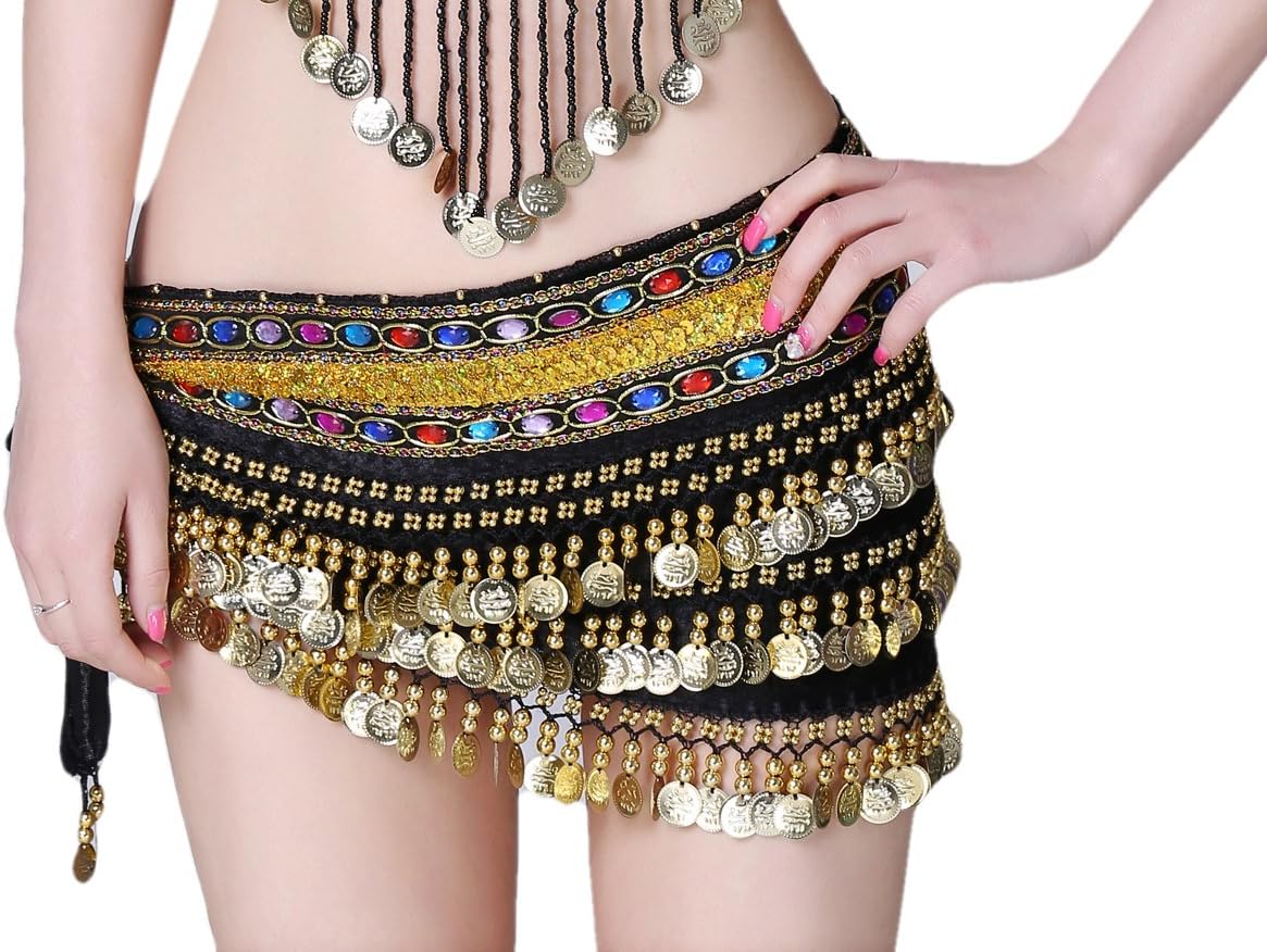 Velvet Belly Dancer Hip Scarf with Colorful Jeweled Sequin Trim Coins