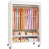 ULIFHOME P6C Plus Rolling Clothes Rack with Cover, Covered Clothing Rack Heavy Duty, Portable Closet for Hanging Clothes, Garment Rack on Wheels, White Closet Rack with White Cover, Max Load 375LBS