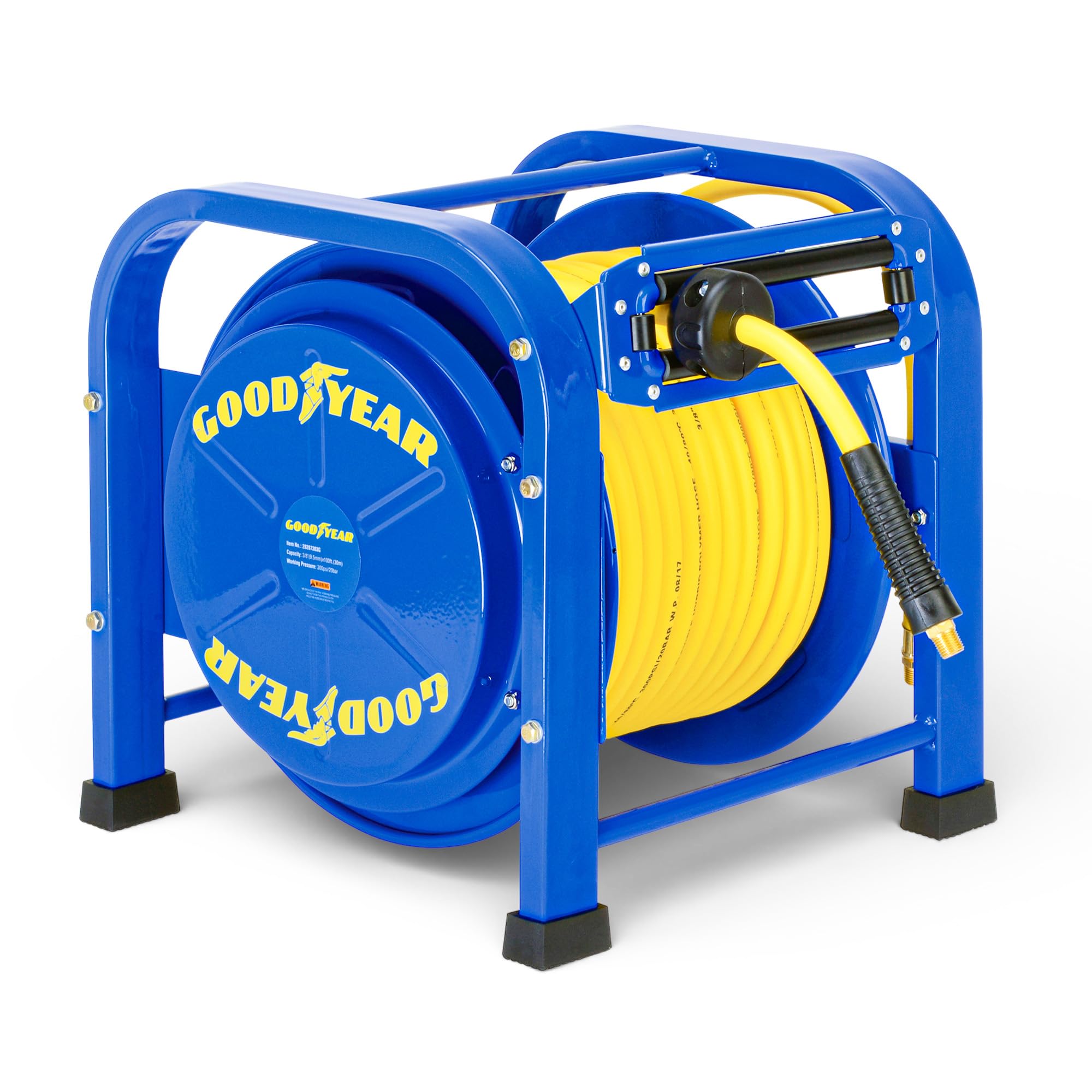 Goodyear Air Hose Reel Retractable 9.5mm x 30m 20BAR Max SBR Rubber Hose Heavy Duty Portable Quad Pod Industrial Steel Construction