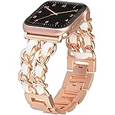 LOFOV Compatible With Apple Watch Band for Woman 38mm 40mm 41mm, Metal Strap Leather Over Gold Chain Cowboy Style Replacement iWatch Series 9 8 7 6 5 4 3 2 1 SE (Rose Gold Link with White Leather)