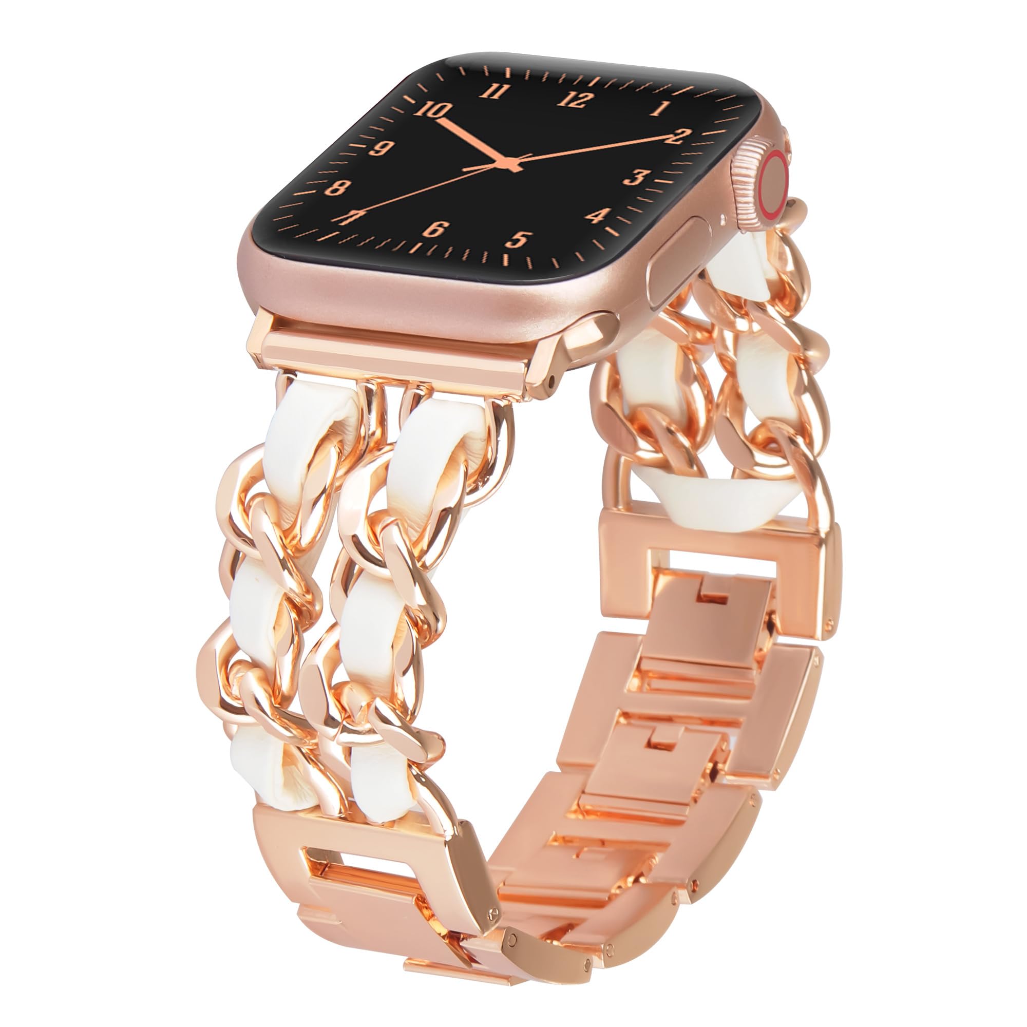 LOFOV Compatible With Apple Watch Band for Woman 38mm 40mm 41mm, Metal Strap Leather Over Gold Chain Cowboy Style Replacement iWatch Series 9 8 7 6 5 4 3 2 1 SE (Rose Gold Link with White Leather)