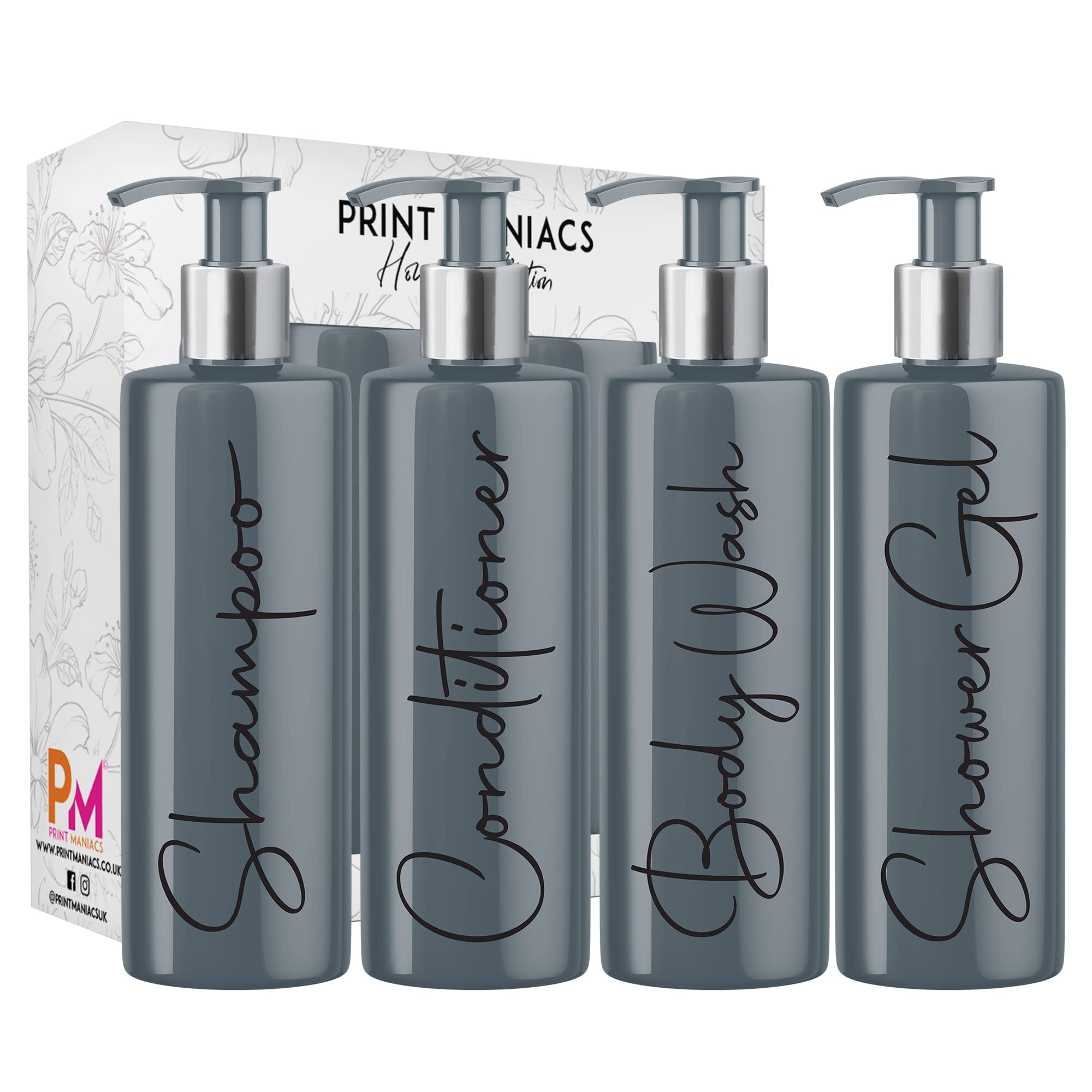Print Maniacs Grey Mrs Hinch Inspired Personalised 500ml Pump Bottles Bathroom Lotion Kitchen Set Shampoo Conditioner Body Wash F2 (Black, Set 3 + Showergel)