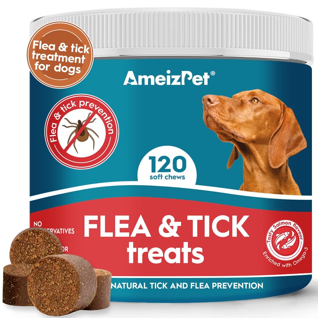 AmeizPet Flea And Tick Treatment For Dogs, Flea Tablets For Dog, Anti Tick Support Soft Fleas Prevention Chewable Tablets For Puppies And Adult Dogs, 120 Soft Dog Treats, 270g (9.5 Oz)