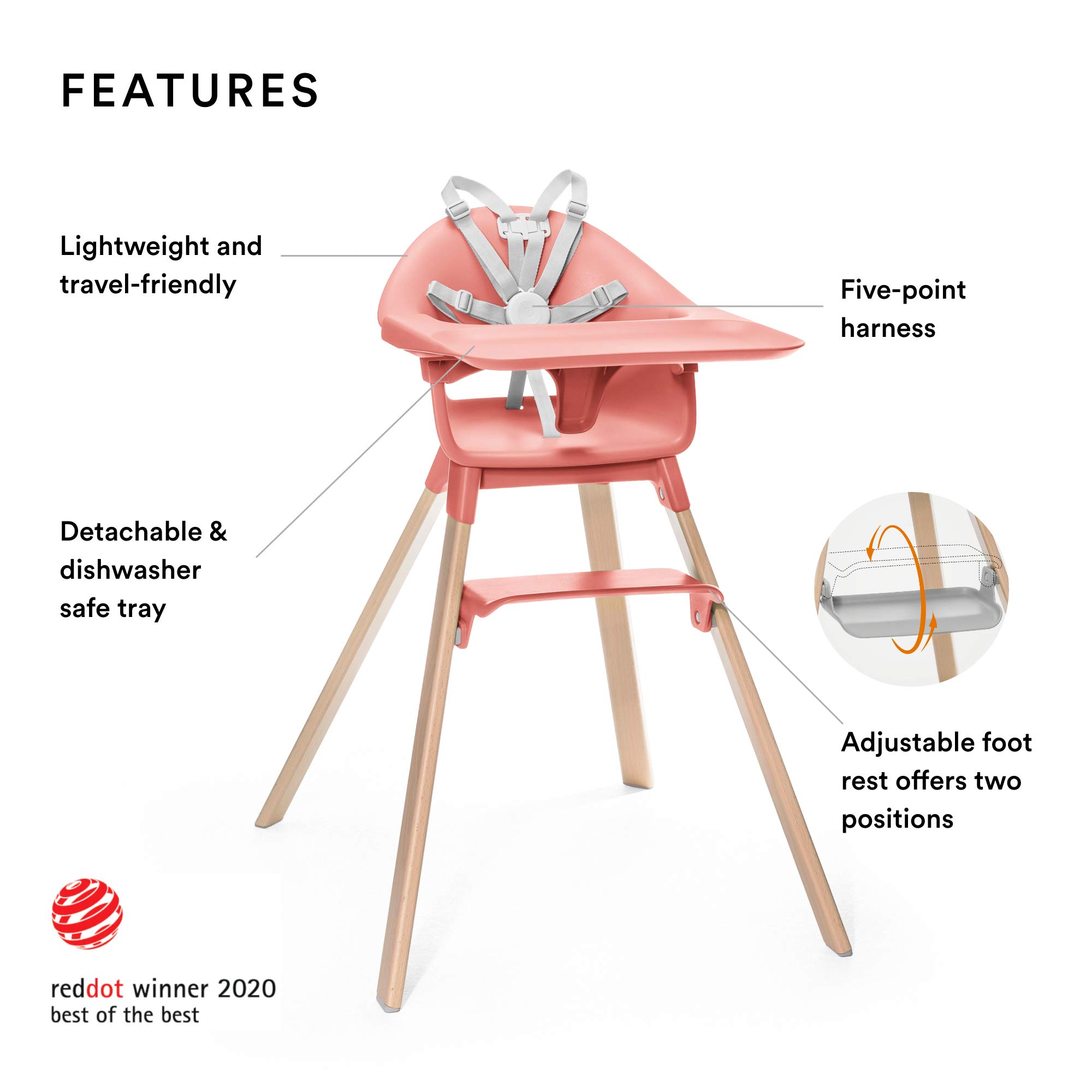 Stokke Clikk High Chair, Sunny Coral - All-In-One High Chair with Tray + Harness - Light, Durable & Travel Friendly - Ergonomic with Adjustable Features - Best for 6-36 Months or Up to 33 lbs