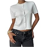Floerns Women's Elegant Pearl Beaded Cardigan Sweater Short Sleeve Button Knit Pullover