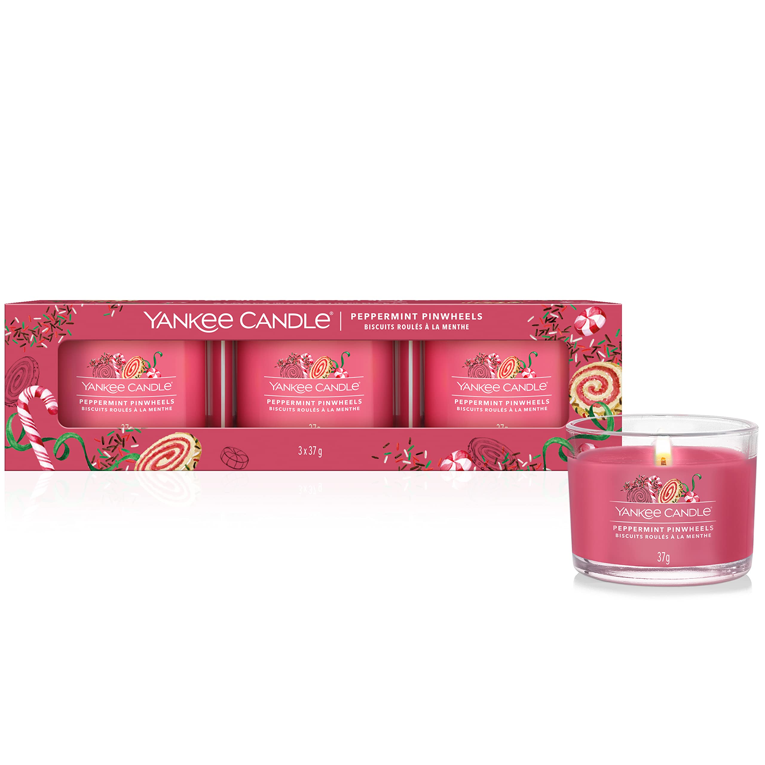 Yankee Candle Scented Candles Gift Set, Peppermint Pinwheels Filled Votive Candles, Snow Globe Wonderland Collection, for Women, Wax, 3 Count