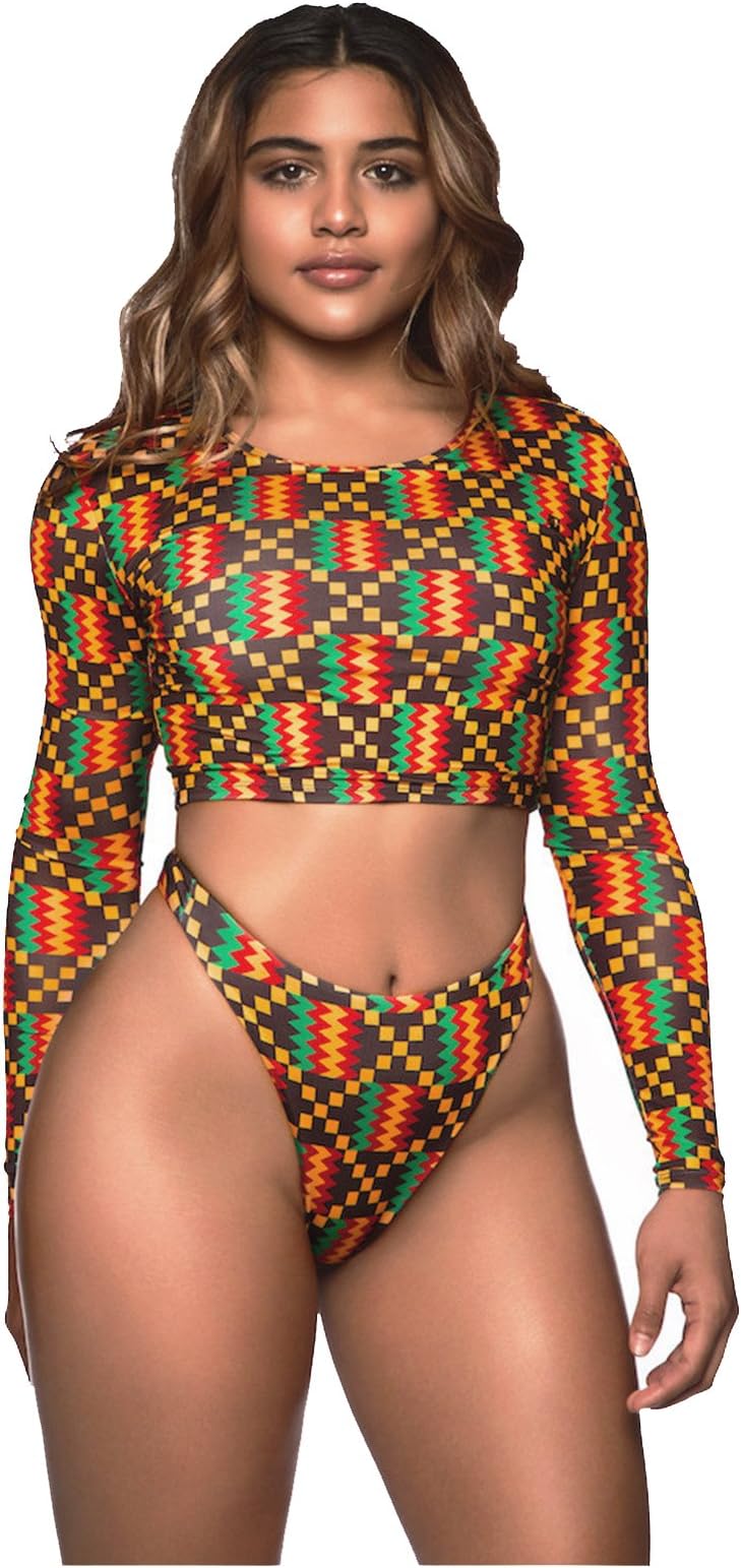 Women's African Kente Printed Cropped Top High Waist 2PCS Swimsuit