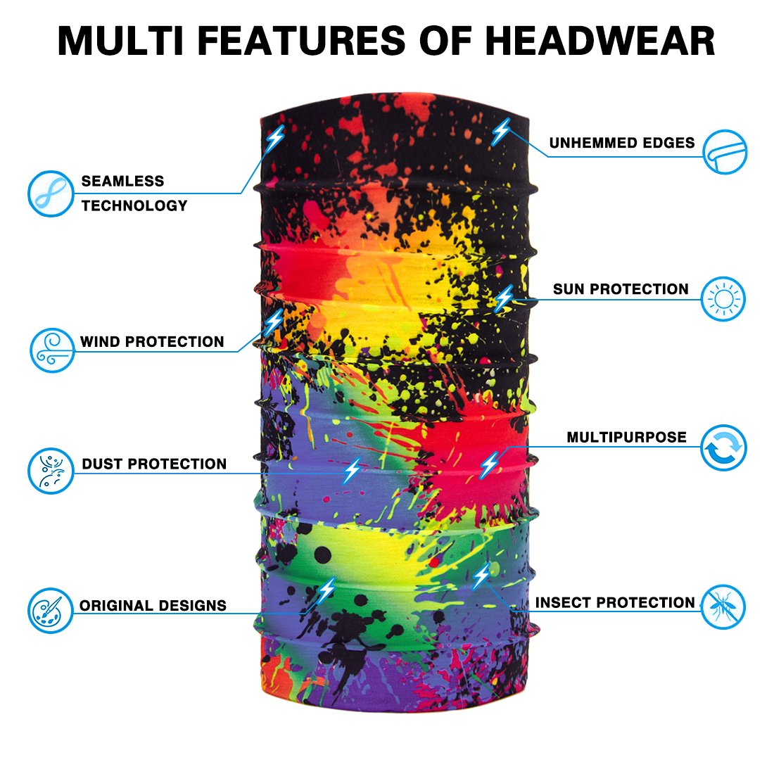 TUONROAD 3D Printed Colorful Paint Tie-Dye Black Seamless Hot Bandana Headband Mask Sweatband Lady MensMultifunctional Headwear Head Wrap Neck Gaiter Face Sun Mask for Cycling Fishing Hunting