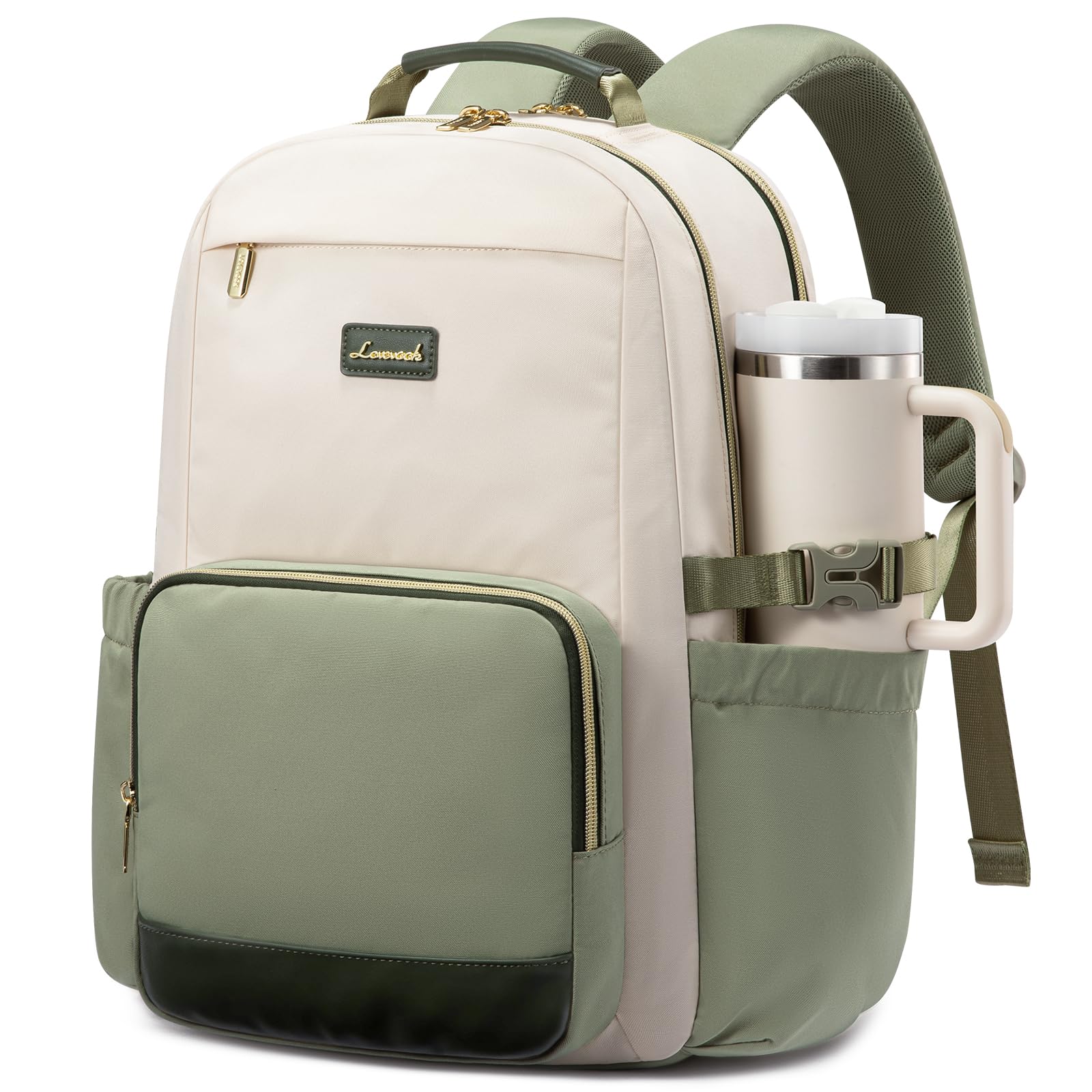 Photo 1 of LOVEVOOK Laptop Backpack for Women with Pouch Pocket for Large Capacity Cup,17 Inch Laptop Computer Bag Travel Backpack Purse,Waterproof Work College Teacher Bags,White-Bean Green-Dark Olive Green