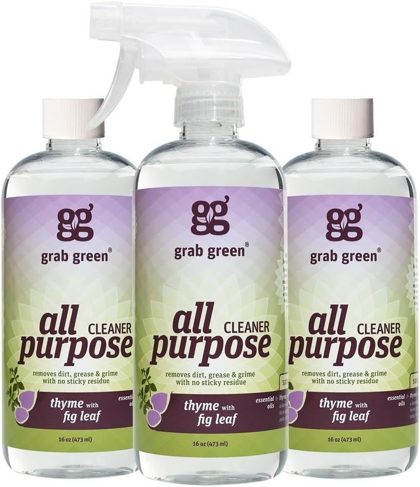 Grab Green Natural All Purpose Cleaner Spray, Biodegradable, Residue & Streak-Free Finish, Thyme with Fig Leaf, 16 Ounce Bottle (3-Pack),