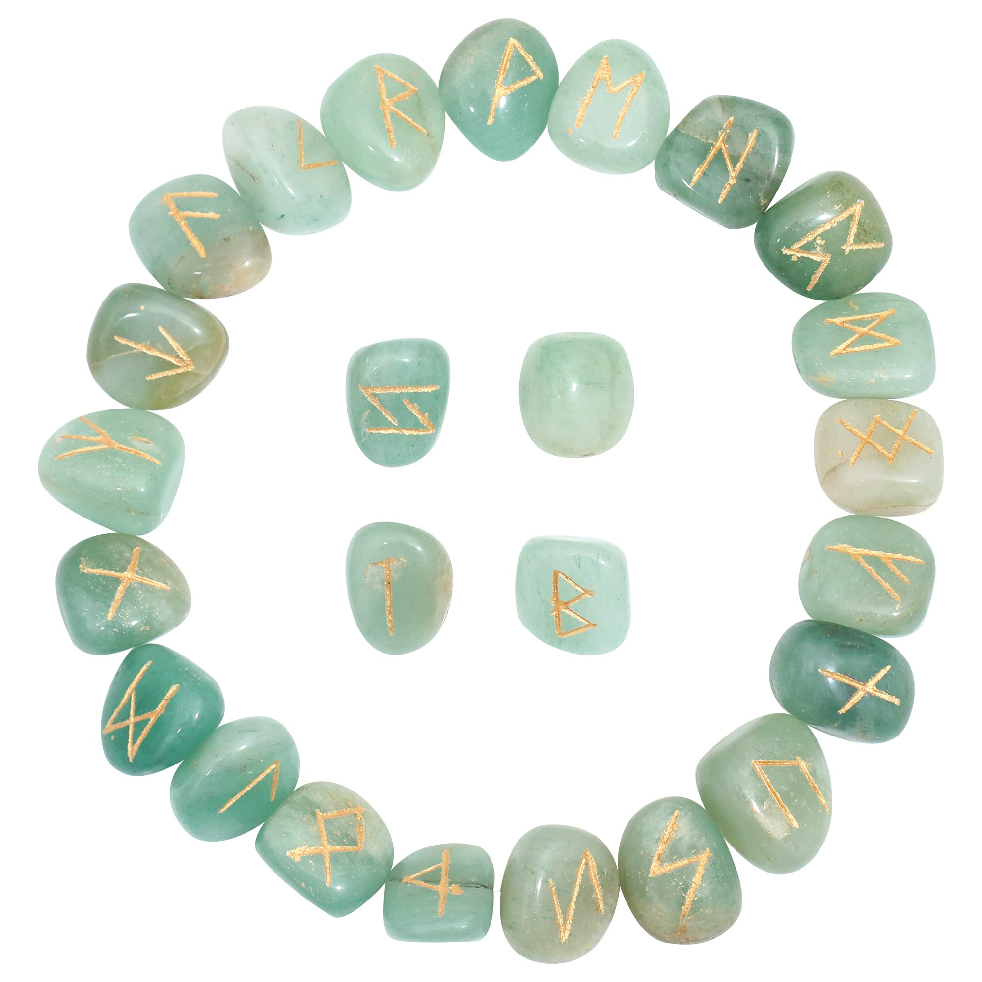 Crocon® Green Jade Gemstone Rune Stone with Elder Futhark Alphabet Engraved Symbol 25 pcs Set for Feng Shui Reiki Crystal Healing Chakra Balancing Decor Size: 15-25 mm