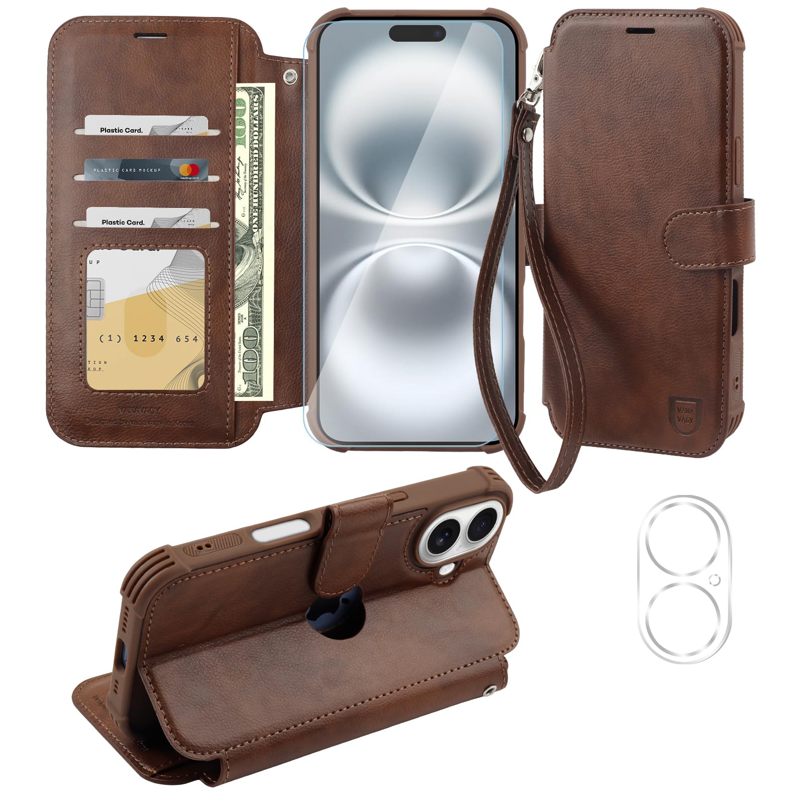 VANAVAGY Compatible for iPhone 16 Plus Wallet Case, 12ft Drop Protection, RFID Blocking PU Leather Flip Cover, Card Holder & Kickstand, Shockproof Phone Case for 16 Plus-6.7 Inch,Brown