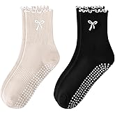 FIYIGO Pilates Yoga Grip Socks for Women, Bow-Patterned Ruffled Crew Socks Ideal for Fitness, Ballet Bar Work&Dance