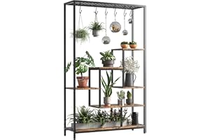 5 Tier Plant Stand, 71" Tall Multi Purpose Display Rack, Adjustable Wood & Metal Shelf with Hanging Hooks, Large Plant Tower 