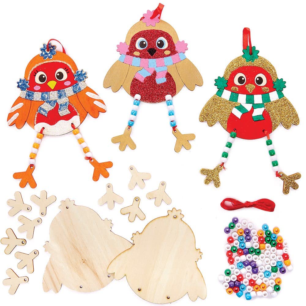 Baker Ross FX304 Christmas Robin Wooden Beading Kits - Pack of 5, Craft Decorations for Kids Party, Arts and Crafts, Blue,Green,Orange,Purple,Red,White