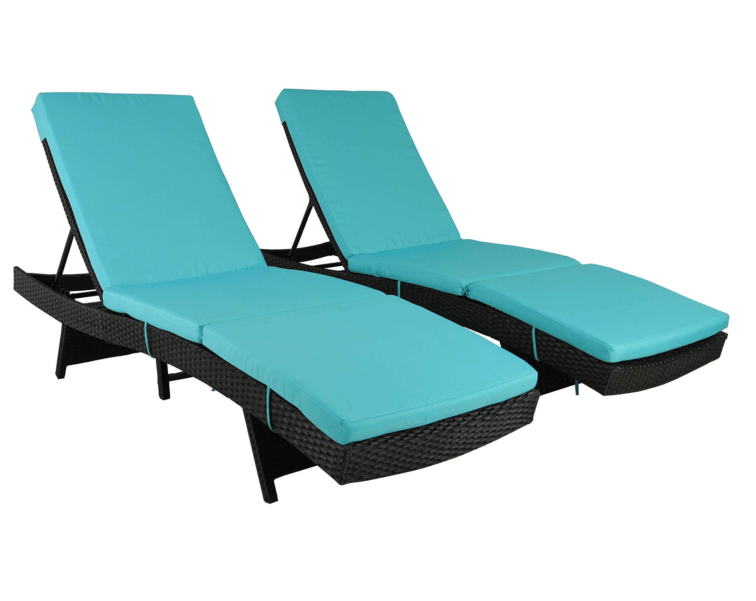 Patio Furniture Chair Set Outdoor Patio Lounger Black Rattan Wicker Pool Deck Chairs Adjustable Cushioned Outdoor Chaise Lounge Chair(Turquoise Cushions,Set of 2)