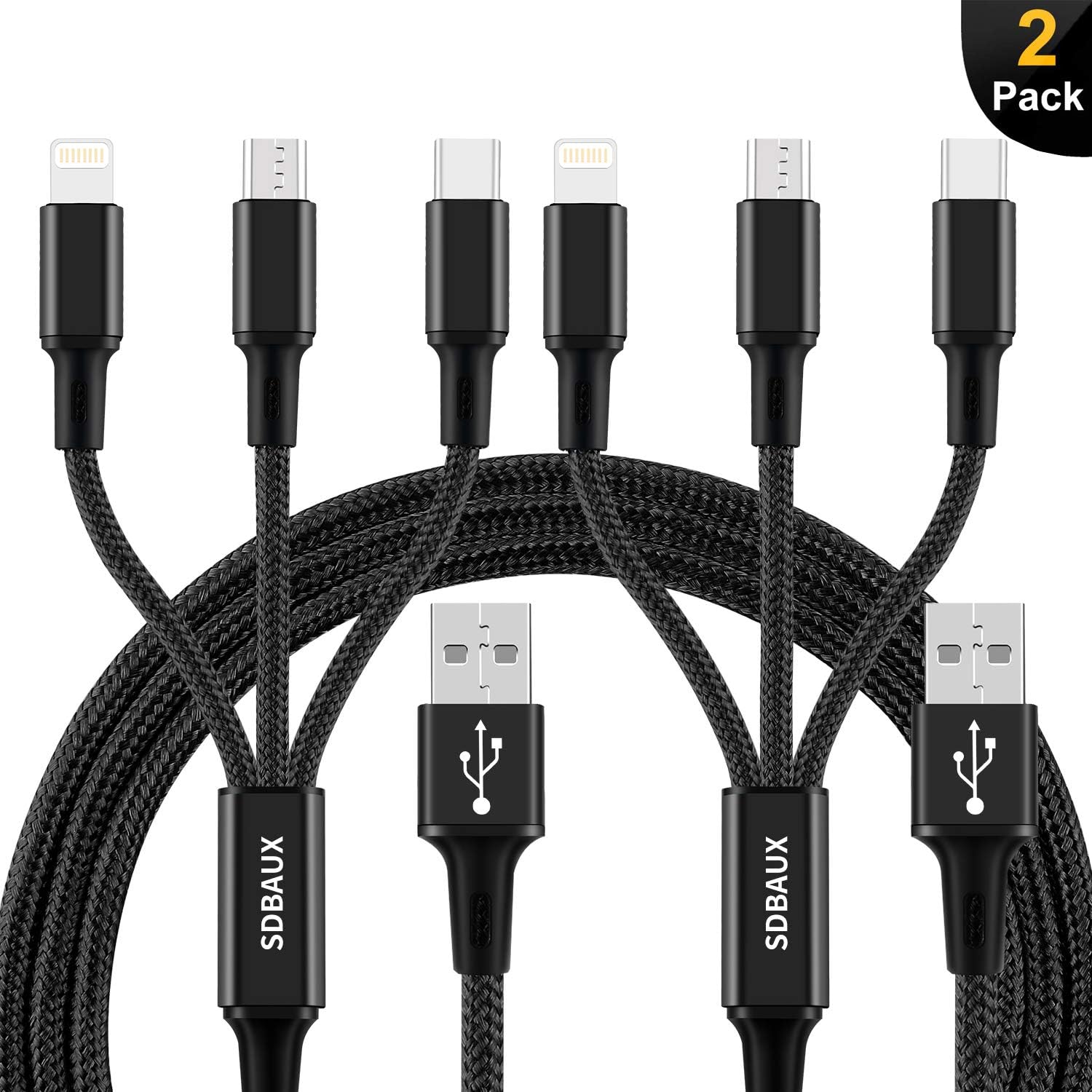 SDBAUX Multiple 3 in 1 USB Charging Cable 2Pack 4ft Fast Charge Charger Cord with Type C Micro