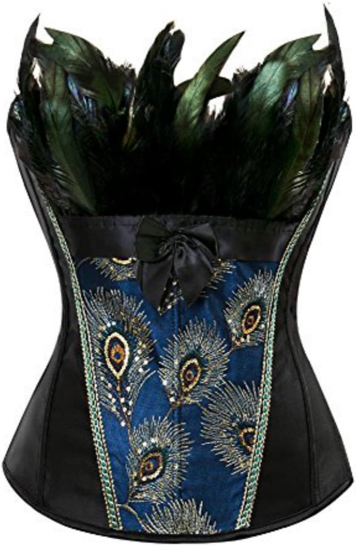 Women's Sexy Satin Waist Cincher Boned Corset with Bustier Feather Peacock Clubwear
