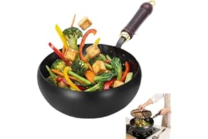 Uncoated Thick Cast Iron Wok with Wooden Lid, Japanese Style Hand-Forged Iron Pan, Multifunctional Non-Stick Frying Pan for G