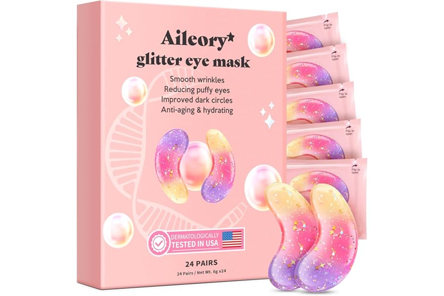 AILEORY Under Eye Patches (24 Pairs) – New Tri-color Glitter Eye Gel Pads for Dark Circles Puffy Eyes,Under eye Bags,Wrinkles|Natural Collagen Under Eye Mask Patches, Gel Under Eye Patches