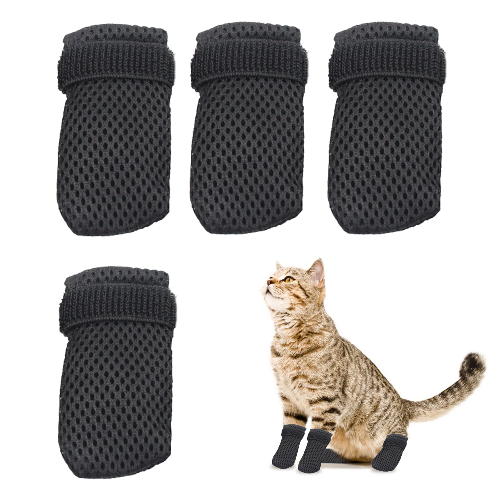 Bekecidi 4 PCS Anti Scratch Cat Boots, Adjustable Claw Covers Anti Slip Small Dog Socks Mesh Mittens Dog Shoes Paw Protectors for Cutting Nails Pet Bathing (Black)