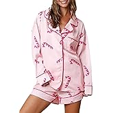 NUFIWI Women Christmas Pajamas Pjs Set Cute Santa Colorful Pj Long Sleeve Shirt Lounge Shorts 2 Piece Holiday Sleepwear