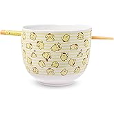 Silver Buffalo Sanrio Hello Kitty and Friends Pompompurin Pattern Ceramic Ramen Noodle Rice Bowl with Chopsticks, Microwave Safe, 20 Ounces