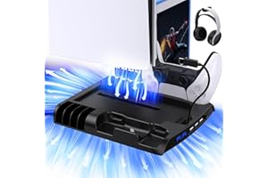 innoAura Cooling Stand with 2 Cooling Fan & Dual Controllers Charger Station for PS5 Slim / PS5 PRO Series, PS5 Slim / PS5 PRO Cooling Station with 3 USB Port, 8 Game Slots, Headset Holder, Black
