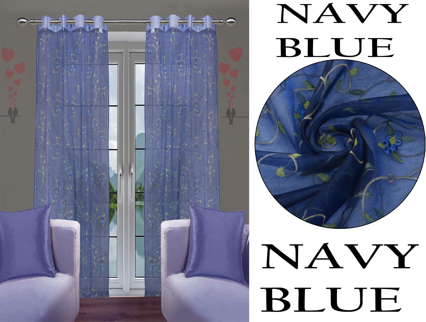 JVIN FAB Embroidery Sheer Curtains- Light Filtering Window and Door Treatment Curtain Panels - Idol for Living Room, Bed Room or Anywhere (Set of 2, 54W x 60L Inches, Navy Blue)