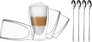 DUOS 4X 400ml doppelwandige Gläser + 4 Löffel - Set Thermogläser mit Schwebe-Effekt, für Latte Macchiato und Cocktails by Feelino