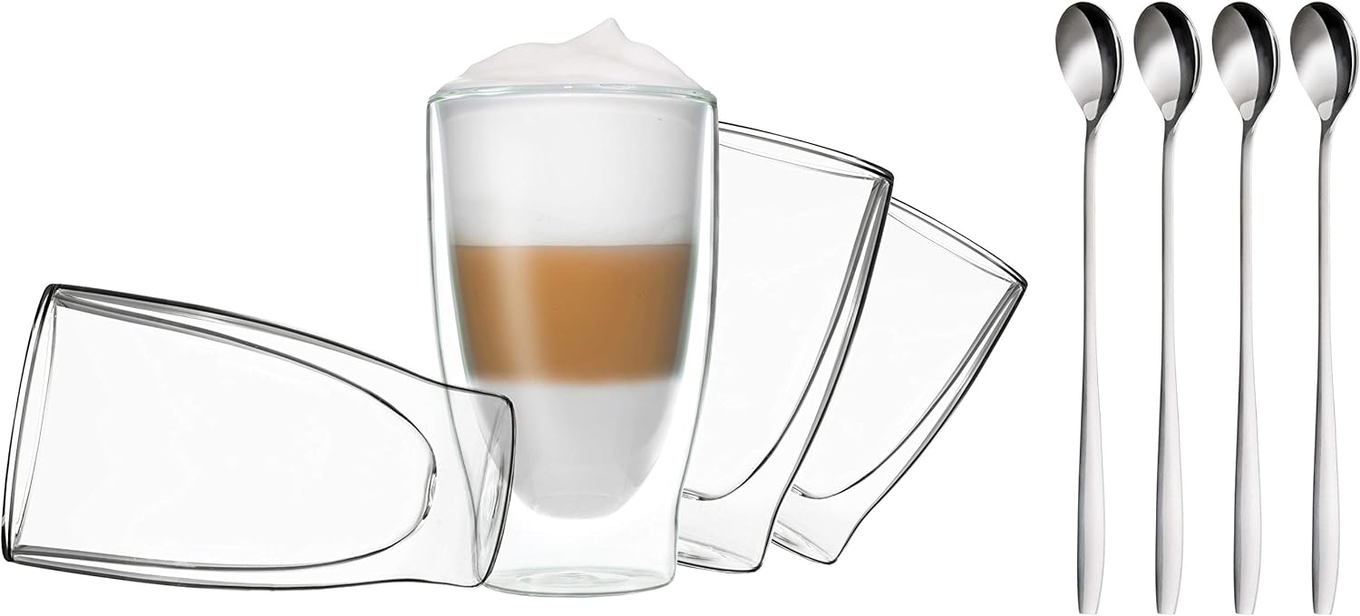 DUOS 4X 400ml doppelwandige Gläser + 4 Löffel - Set Thermogläser mit Schwebe-Effekt, für Latte Macchiato und Cocktails by Feelino
