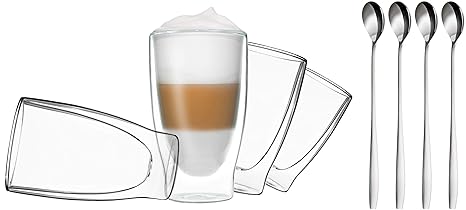 DUOS 4X 400ml doppelwandige Gläser + 4 Löffel - Set Thermogläser mit Schwebe-Effekt, auch für Latte Macchiato, Eistee, Säfte,
