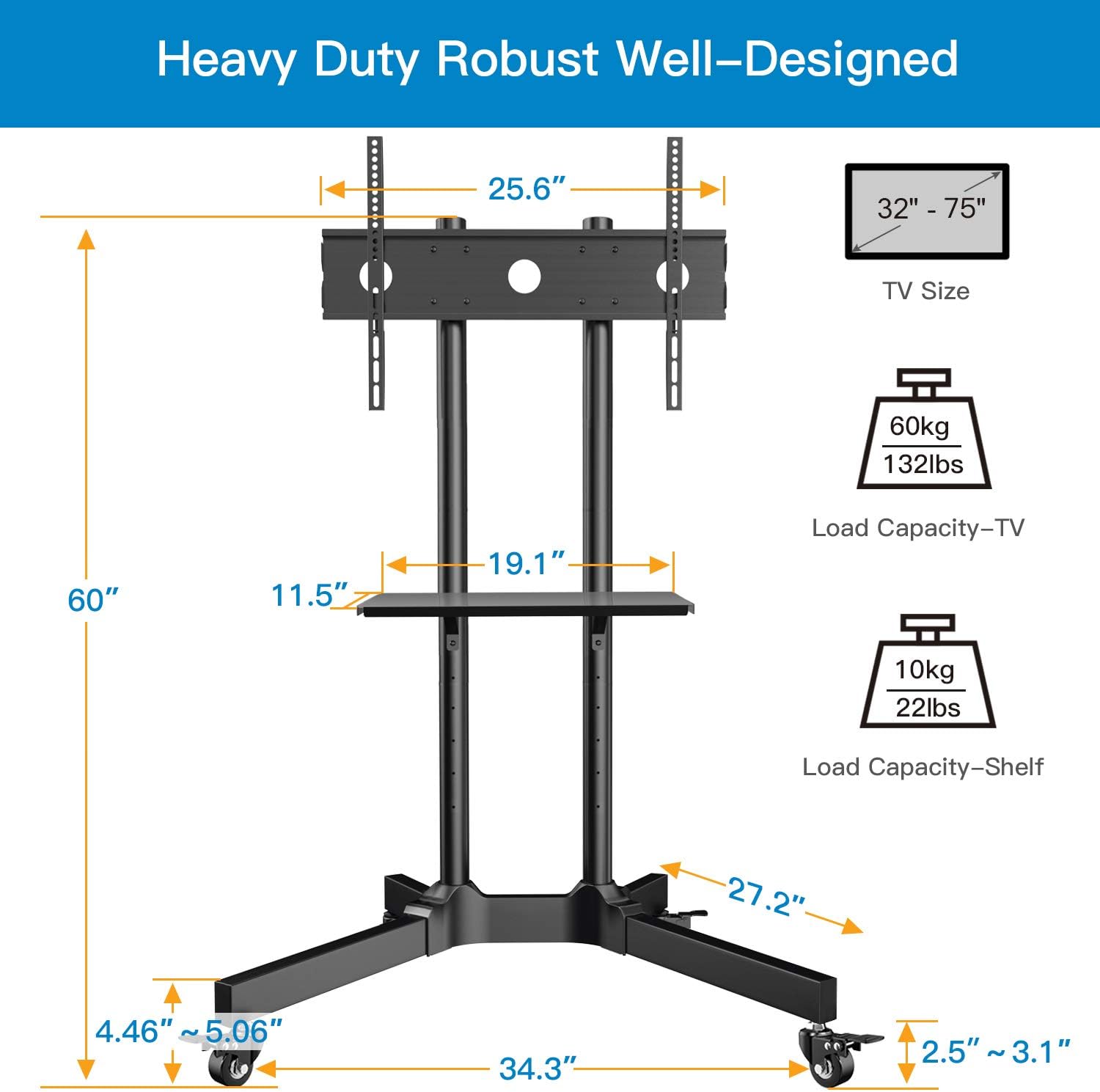 Mobile TV Cart with Wheels for 32-75 Inch LCD LED 4K Flat Curved Screen TVs- Height Adjustable Rolling TV Stand Hold Up to 132 lbs- Trolley Floor Stand with Tray Max VESA 600x400mm : Office Products