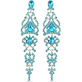 Blue Crystal Chandelier Earrings for Women, Long Dangle Stud Formal Jewelry | Vivid blue crystals and a flowing chandelier silhouette bring elegant sparkle to weddings, proms, parties and evening events.