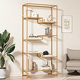 Furnify 5-Tier Bookshelf, Tempered Glass Display Shelf, Modern Open Shelf Bookshelf, Tall Storage Open Bookcase for Living Room, Home Office, Bedroom, Golden
