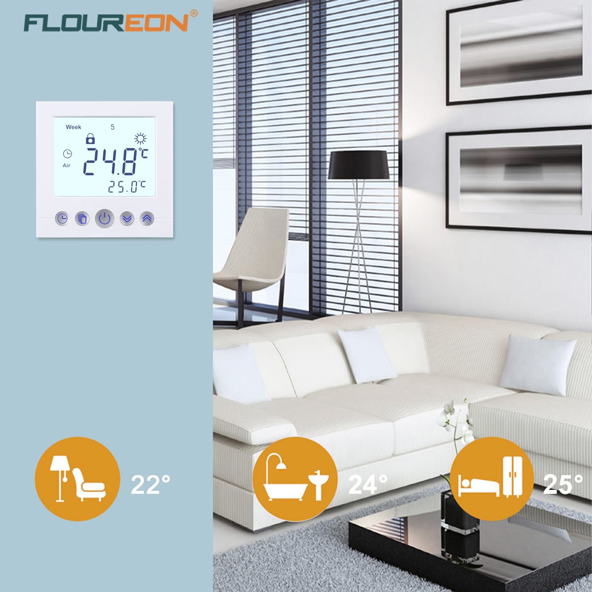 FLOUREON Underfloor Heating Thermostat Central Heating thermostats Room Thermostat 230V 3A Programmable Temperature Controller 5+ 2/6+ 1 / 7days with Large LCD Screen