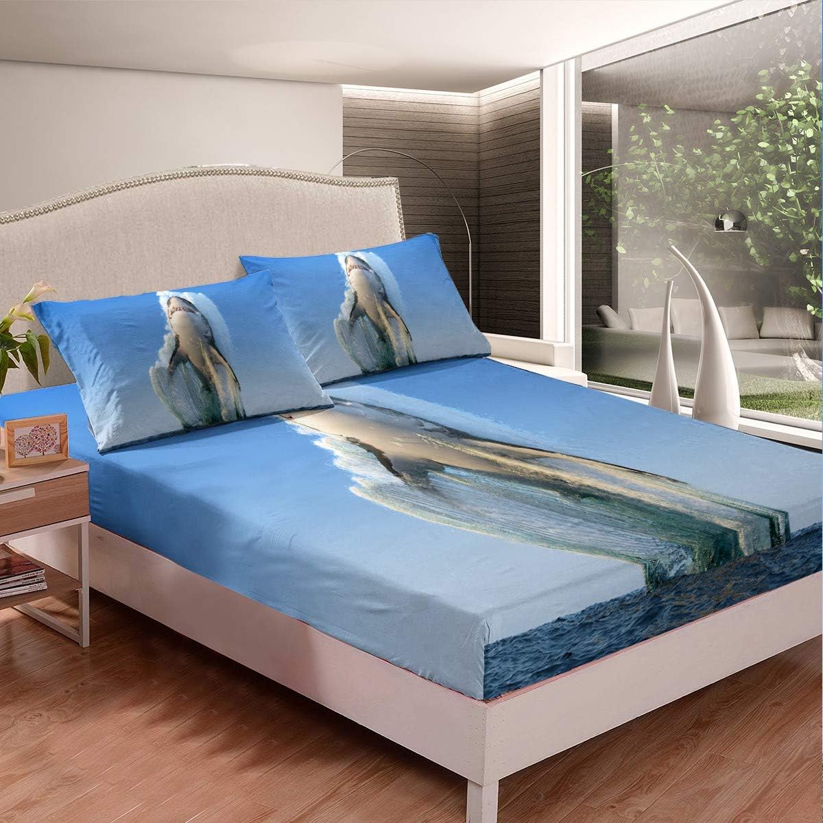 Amazon Com Shark Print Bedding Set Ocean Marine Theme Bed Sheet Set For Kids Boys Girls Teens Sea Underwater World Sealife Lightweight Microfiber Fitted Sheet Decor 3pcs Bed Cover With 2 Pillowcase Full