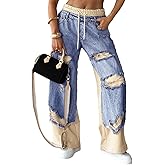 LETSVDO Womens Baggy Patchwork Jeans Wide Leg Drawstring Elastic Waist Ripped Y2k Stretchy Denim Pants Sweatpants