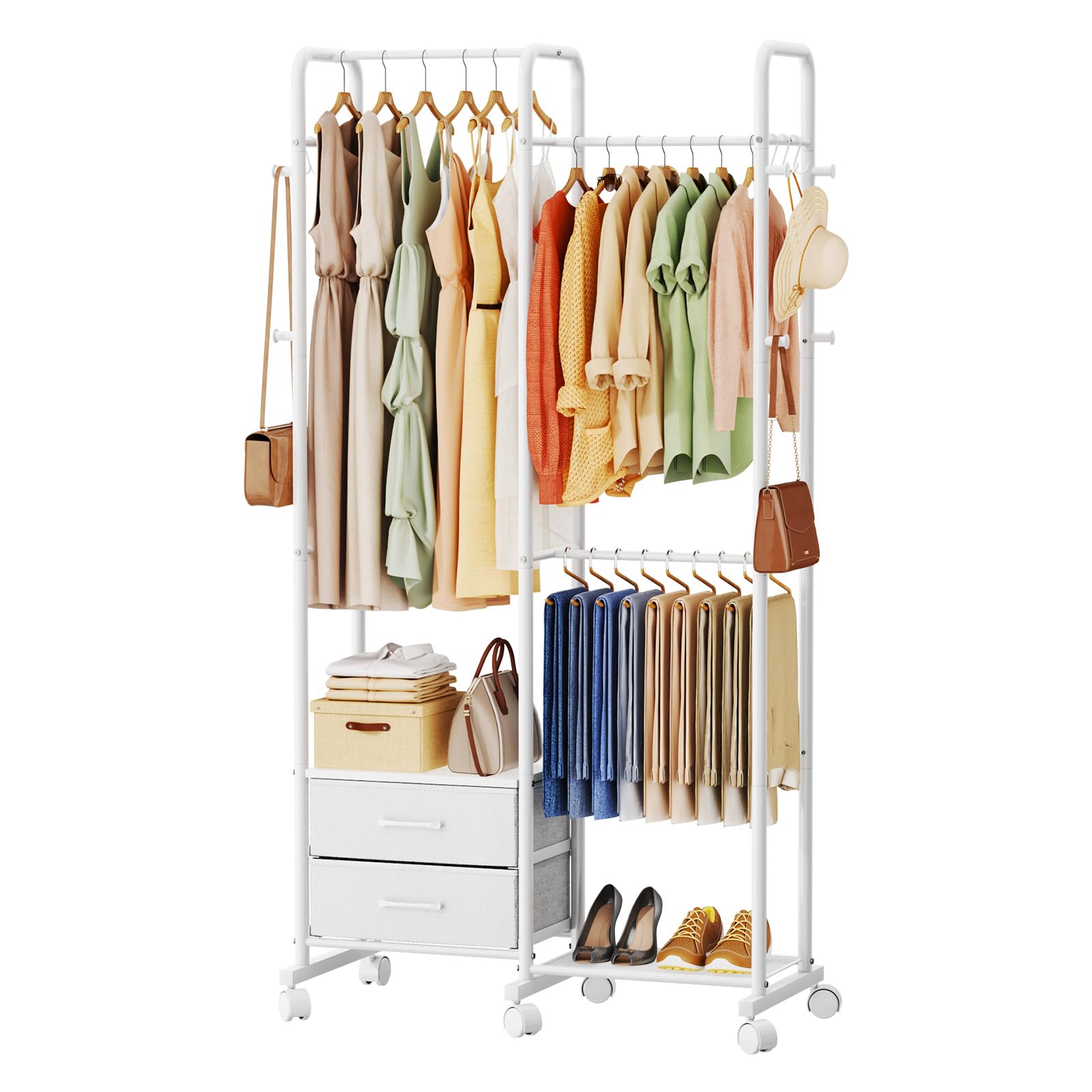 Photo 1 of ***POSSIBLY FOR PARTS/ MISSING ASSEMBLY PIECES & INSTRUCTIONS*** SWTYMIKI Rolling Clothing Garment Rack - Portable Freestanding Clothes Racks for Hanging Clothes, Storage Rack for Bedroom Closet, Laundry with Lockable Wheels, White