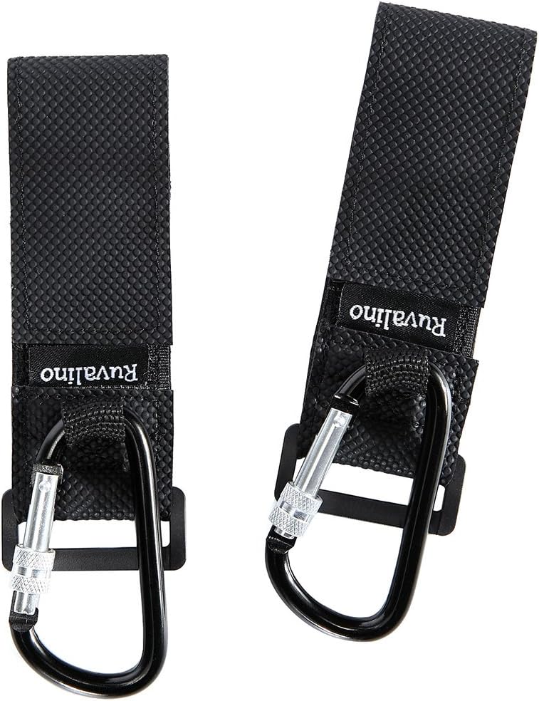Buggy Clips, RUVALINO Stroller Pram Hooks/Pushchair Strap/Shopping Bag and Changing Bag Holder - Universal fit, Black, 2 Pack (Black)