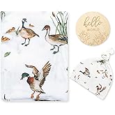 LifeTree Muslin Swaddle Blankets, Muslin Baby Boy Swaddle Blanket and Hat Set with Birth Announcement Card, Newborn Unisex Receiving Blankets Mallard Duck
