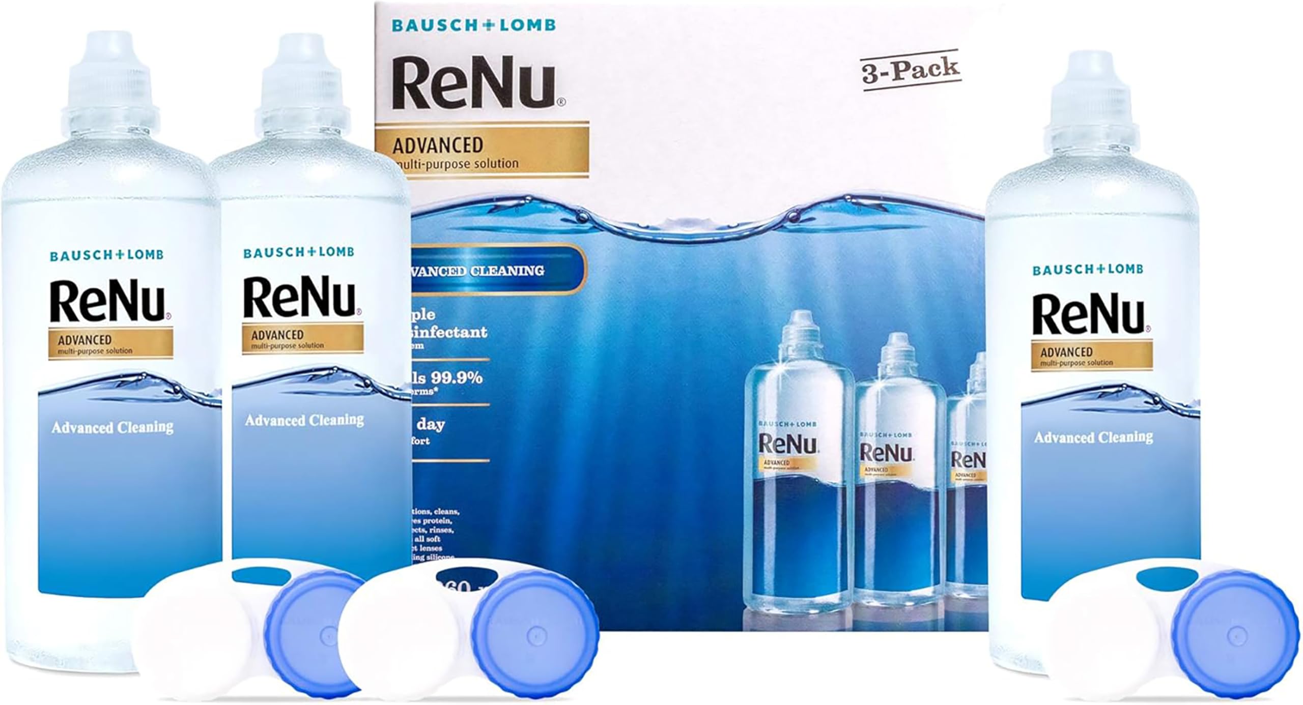 ReNu Advanced Contact Solution - for Soft Contact Lenses for Comfortable Wear - Gentle on Sensitive Eyes - Disinfect, Remove Protein, Condition, Store Your Lenses - Lens Case Included, 3 x 360 ml