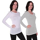 Active Products Women's Athletic Fitted Plain Long Sleeves Round Crew Neck T Shirt, White/Ht Grey, Large