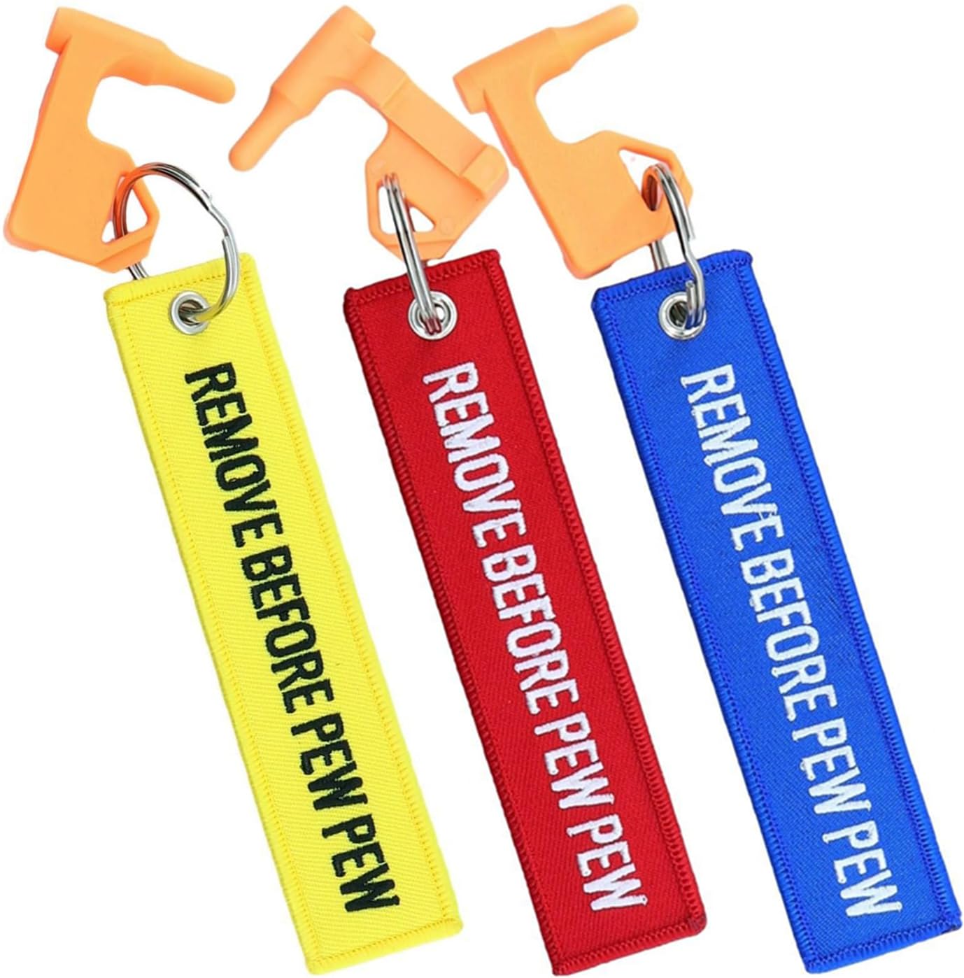 YONCONO 3Pack Chamber Safety Flag Fits Rifle Handguns Shotgun Pistol, Embroidery Tags Keychain Remove Before Pew Pew - Universal Compatibility (Red, Blue, Yellow)