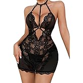 Aranmei Women Lingerie Sexy Lace Teddy Babydoll Chemise Halter Nightwear Sleepwear with Thong