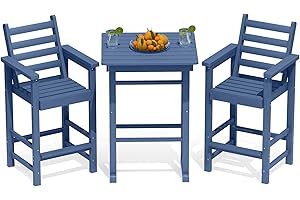 Kingdura Balcony Adirondack Chairs and Table 3 Pieces Set, Adirondack Bar Height Chairs Set of 2 with Matching Bar Table, HDPE Outdoor Bar Stools Set for Bistro, Garden, Poolside (Navy Blue)