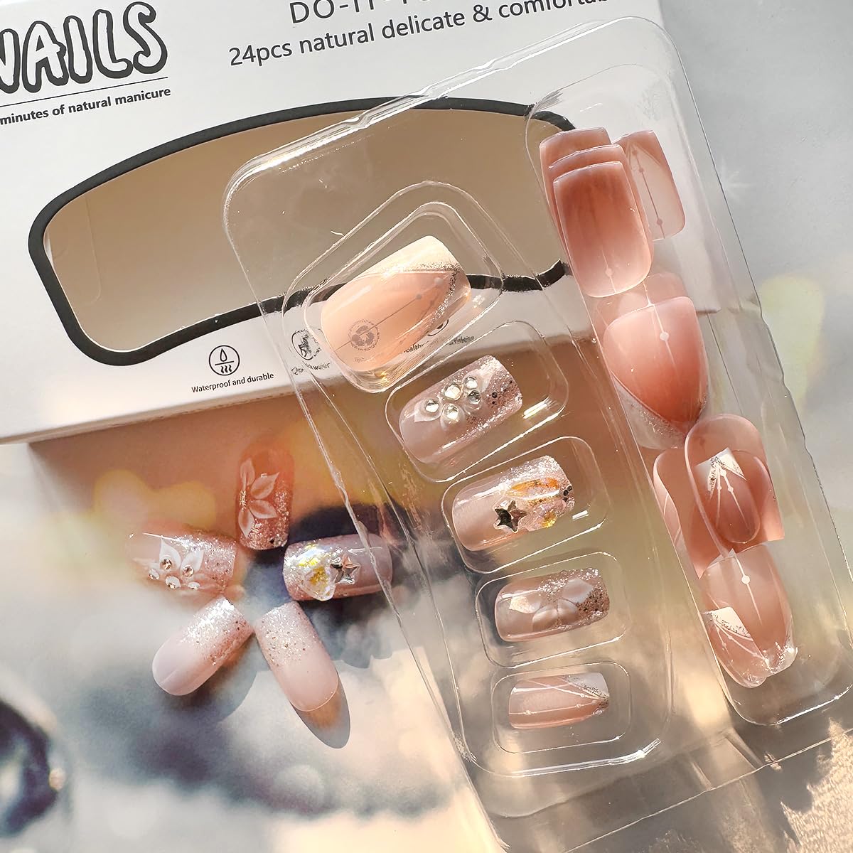 DZPGUONIZ 24pcs Short Square Press on Nails French Tip Fake Nails White Flower with Star Design Glitter False Nails Luxury Nail Charms Crafts White Stripes Glue on Nails for Women Manicure Tips - Image 3